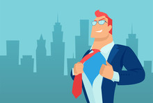 Vector Of A Super Hero Business Man On A Cityscape Background