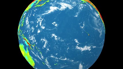 Wall Mural - Rotating Earth planet isolated on black background. Topographic relief, elevation mountain map. Seamless looping animation.