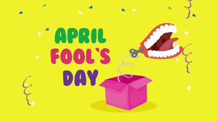 Poster - happy fools day card with mouth laughing in surprise box