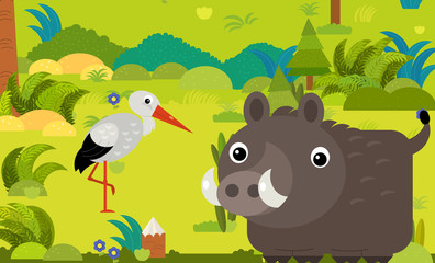 cartoon scene with different european animals in the forest illustration