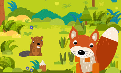 cartoon scene with different european animals in the forest illustration