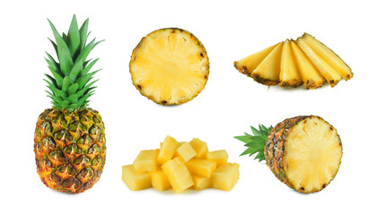 Pineapple collection: whole ripe fruit, half, cross section, slices and chunks. Set isolated on white background.  