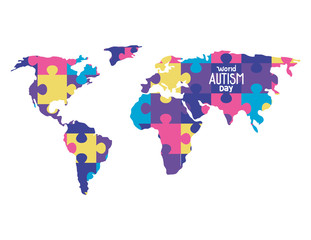 Wall Mural - world autism day with map of puzzle pieces vector illustration design