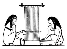 Egyptian Weaving, The Use Of The Spindle And Loom Or Sewing And Braiding, Vintage Engraving.
