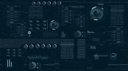 HUD Futuristic Digital Data and infographic elements. Looped motion virtual technology background. For Screensaver, Background. Motion Abstract Binary Decimal Statistics Monitor Display.