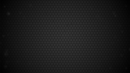 Wall Mural - Black Background. Hexagon Grid on Dark Gradient Backdrop. Hexagonal Vector Illustration