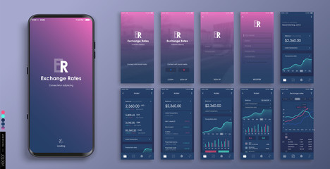 Wall Mural - mobile app design, ui, ux. a set of graphic screens with the login and password, home page, exchange