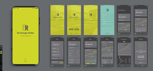 Wall Mural - mobile app design, ui, ux. a set of graphic screens with the login and password, home page, exchange