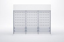 3D Image Of Grocery Shelves Racks With Hooks And Metal Grid Basket For Instruments And Other Products. Also It Has Topper.