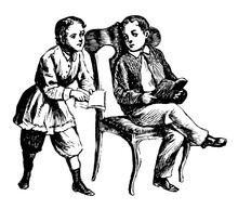 Children Reading, Activity,  Vintage Engraving.
