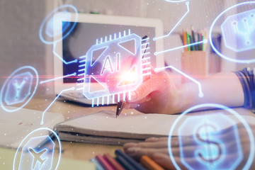 double exposure of woman's hands on background with technology and digital coding icons. data develo