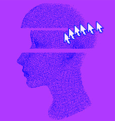 Aufkleber - Glitched and pixelated wireframe of human head. Concept illustration of Artificial intelligence, Machine learning and Cybernetics.
