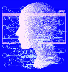 Aufkleber - Pixel art illustration with human head made of particles. Concept illustration of Artificial intelligence, Machine learning and Neural Networks.