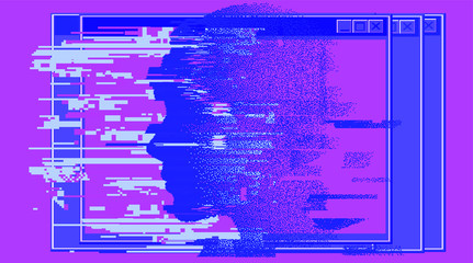 Aufkleber - Pixel art illustration with human head made of particles. Concept illustration of Artificial intelligence, Machine learning and Cybernetics. Vaporwave retrofuturistic style.