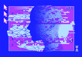Aufkleber - Pixel art illustration with human head made of particles. Concept illustration of Artificial intelligence, Machine learning and Cybernetics. Vaporwave retrofuturistic style.