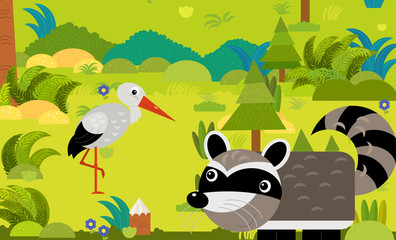 cartoon scene with different european animals in the forest illustration