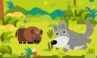 cartoon scene with different european animals in the forest illustration