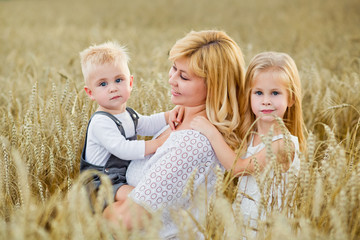 happy family of blondes mother, son and daughter walk through a wheat field