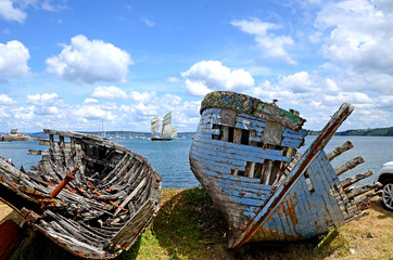 Wall Mural - Boat cimetry with big beautiful sailing boat at the background. Brittany, France