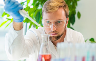 Wall Mural - scientist and students working in lab. doctor teaching interns to make blood analyzing research. cor