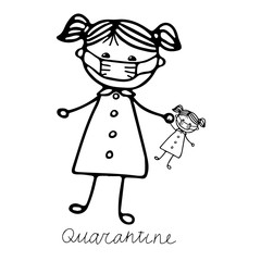  Beautiful hand-drawn vector illustration of a girl in a medical mask with a doll in mask isolated on a white background with lettering Quarantine for coloring book