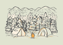 Sketch Vector Winter Landscape With Coniferous Forest, Tents, Bonfire, Mountains. Touristic Camp With Tents. Design For Print, Cover, Poster, Web Design, Banner