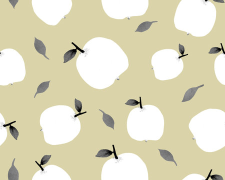 Watercolor hand drawn seamless pattern with simple abstract white apple on beige background. Fruit seamless pattern. 
