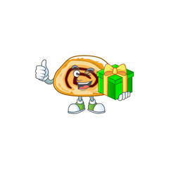 Poster - Cheerful swiss roll cartoon character holding a gift box