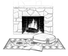  Open book, cup of coffee , seat pad on a rug with a geometric pattern against the backdrop of a kindled fireplace. Vector vintage  illustration. 