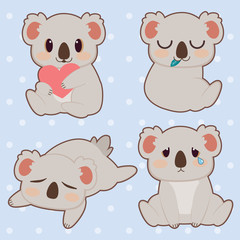 Wall Mural - The collection of cute koala set. The character of cute koala hugging a heart and eatting a leaf and sleepping and crying on the blue background and polka dot in flat vector style.