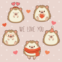 Wall Mural - The collection of cute hedgehog with heart theme on the pink background and white polkadot. The character of cute hedgehog wear a heart glasses and scarf and party hat and hair band.