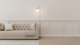 Fototapeta  - Modern classic interior.Sofa, pillows with  floor lamps.White wall and wooden floor with carpet. 3d rendering