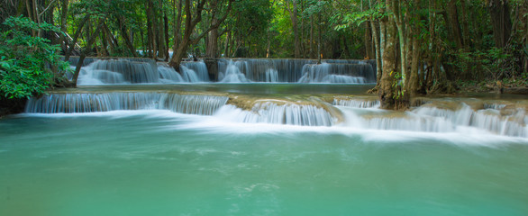 Huay Mae Khamin waterfalls in deep forest at Srinakarin National Park ,Kanchanaburi ,A beautiful stream water famous rainforest waterfall in Thailand