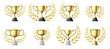 Gold trophy cups. Golden winners trophy with laurel wreath, champion cup realistic vector illustration set. Collection of goblet award with curve branch wreath