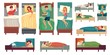 People sleeping in beds. Adult man in bed, asleep woman and young kids sleep vector illustration set. Woman and man healthy dream, asleep in bedroom, sleep resting position