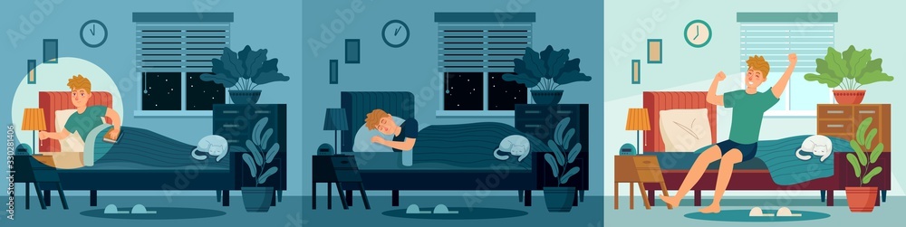 Man sleep in home bed room. Happy male character sleeping in bed at night and wake up morning. Healthy sleep vector illustration. Awake man in light room, bedroom morning, wake person - obrazy, fototapety, plakaty 