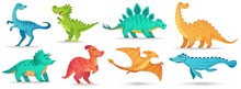 Cartoon Dino. Cute Dinosaur, Funny Ancient Brontosaurus And Green Triceratops. Comic Dinosaurs Vector Illustration Set. Dinosaur And Monster, Comic Prehistoric Reptile
