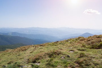 view of the mountains in the Ukrainian Carpathians, green grass and mountains in blue haze, Mountain meadow and blue sky, 