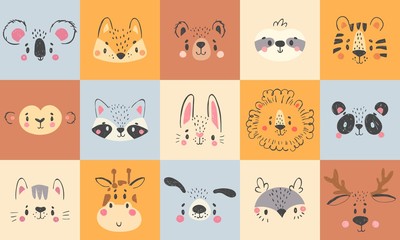 Wall Mural - Cute animal portraits. Hand drawn happy animals faces, smiling bear, funny fox and koala cartoon vector illustration set. Face deer and lion drawing, rabbit and tiger wildlife