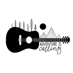 Wall Mural - Vector black white illustration with acoustic guitar, pine trees, doodle mountains and sun. Adventure is calling lettering phrase.