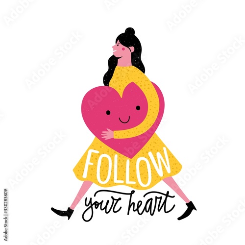 Fotografía Vector illustration with smiling walking woman in yellow dress holding big pink heart