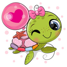 Cartoon Water Turtle Girl With A Balloon On A White Background