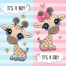 Greeting Card With Two Cute Cartoon Giraffes