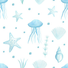 Cute Watercolor Seamless Pattern With Sea Creatures For Children. Sea, Ocean Life Background For Kid's Textile, Children, Nursery Fabric. Starfish, Seashell Watercolor Hand Drawn On White Background.