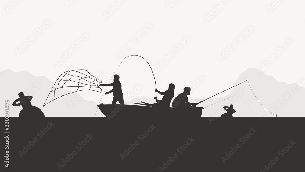 group of men fishing silhouette - obrazy, fototapety, plakaty 