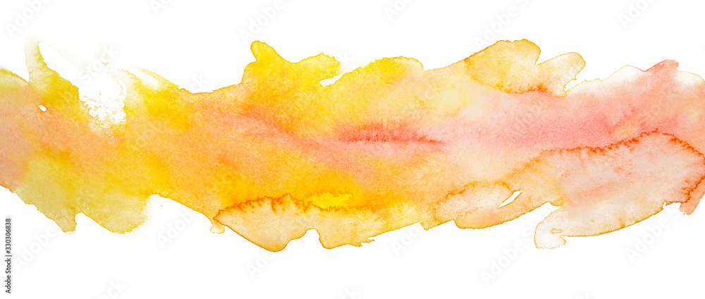 streak orange with yellow hand-drawn watercolor stain. With watercolor texture edges for text inside. - obrazy, fototapety, plakaty 