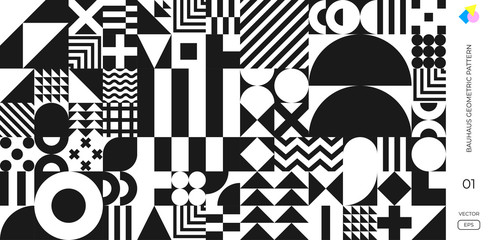 Abstract Bauhaus pattern vector minimal Swiss background. Memphis geometric background with circle, triangle, circle and square line pattern poster