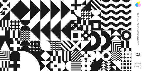 Bauhaus and Swiss pattern background, abstract geometric shape design vector poster. Memphis or Bauhaus style retro art with circle, triangle, circle and square line pattern