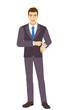 © komissar007 - Smiling Businessman pointing at his watch. Full length portrait of Businessman in a flat style.