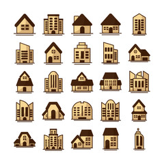 Wall Mural - set of icons of towers of apartment, office building and house on white background